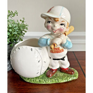Vintage Lefton The Slugger Boy With Bat Ceramic Planter Baseball